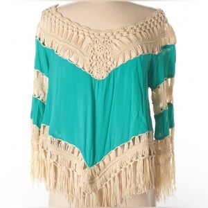 (B5) Dreamers Teal Cream Boho Crochet & Fringe Pullover Top Tunic Shirt M